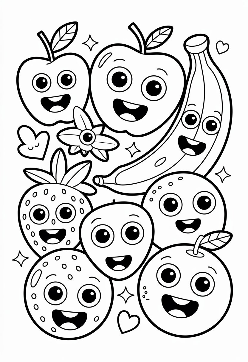 Coloring Pages Cute Ideas for Kids: 21 Engaging Designs to Inspire Creativity 33 A group of smiling fruits including an apple, banana, strawberry, and orange with happy faces.